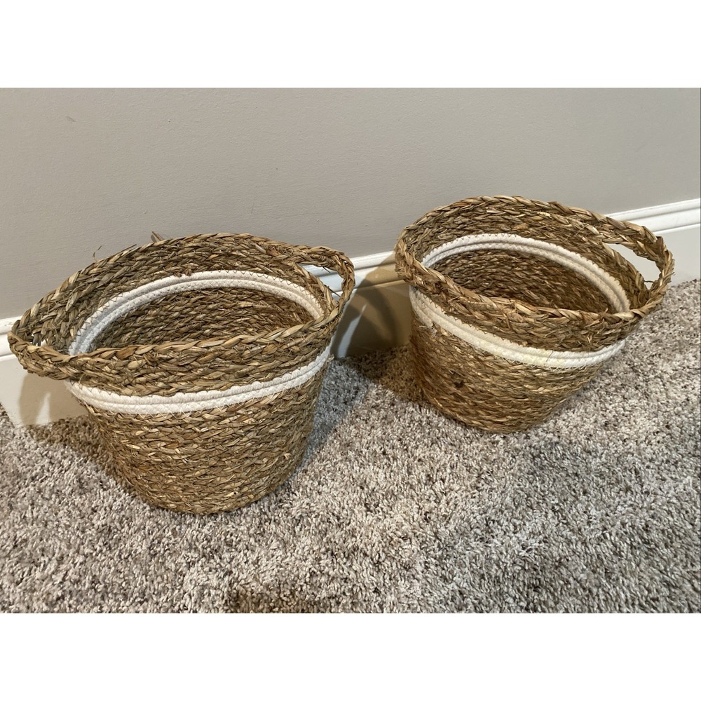 2 Wicker Storage Baskets 7.25"‎ x 8.5" x 6.25" Tan & White